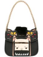 Furla Cat Face Clutch Bag, Women's, Black, Leather/rabbit Fur/nylon/viscose
