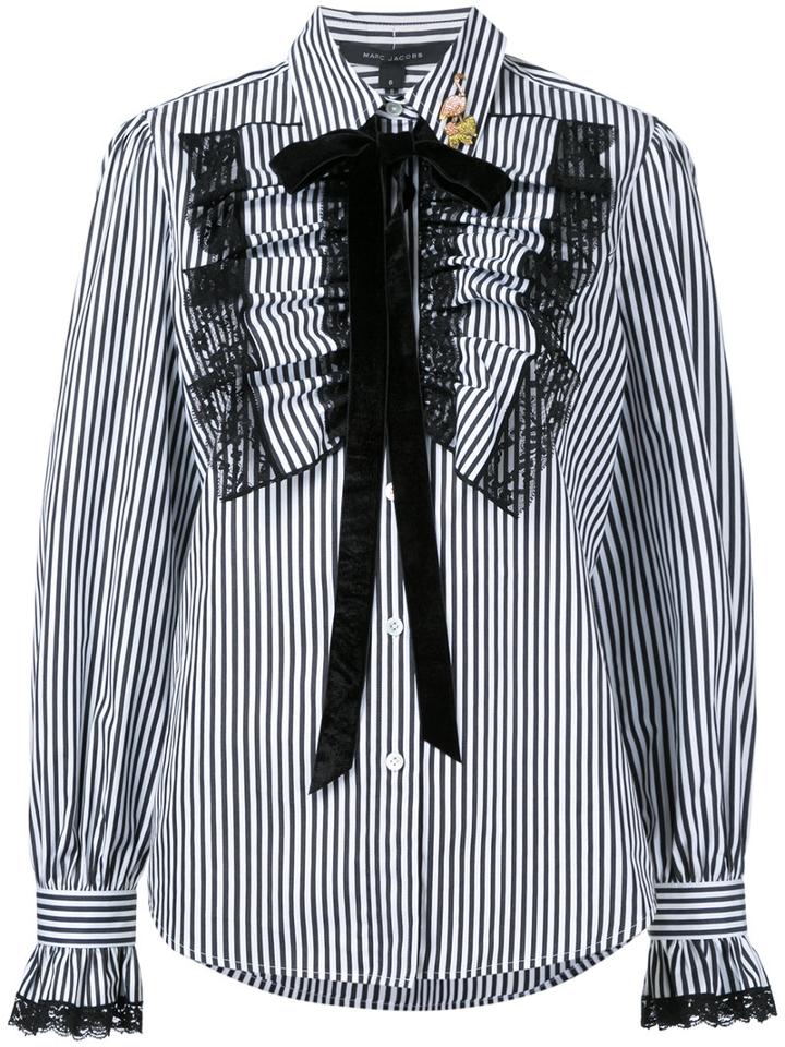 Marc Jacobs - Ruffle Placket Striped Shirt - Women - Cotton - 6, Black, Cotton