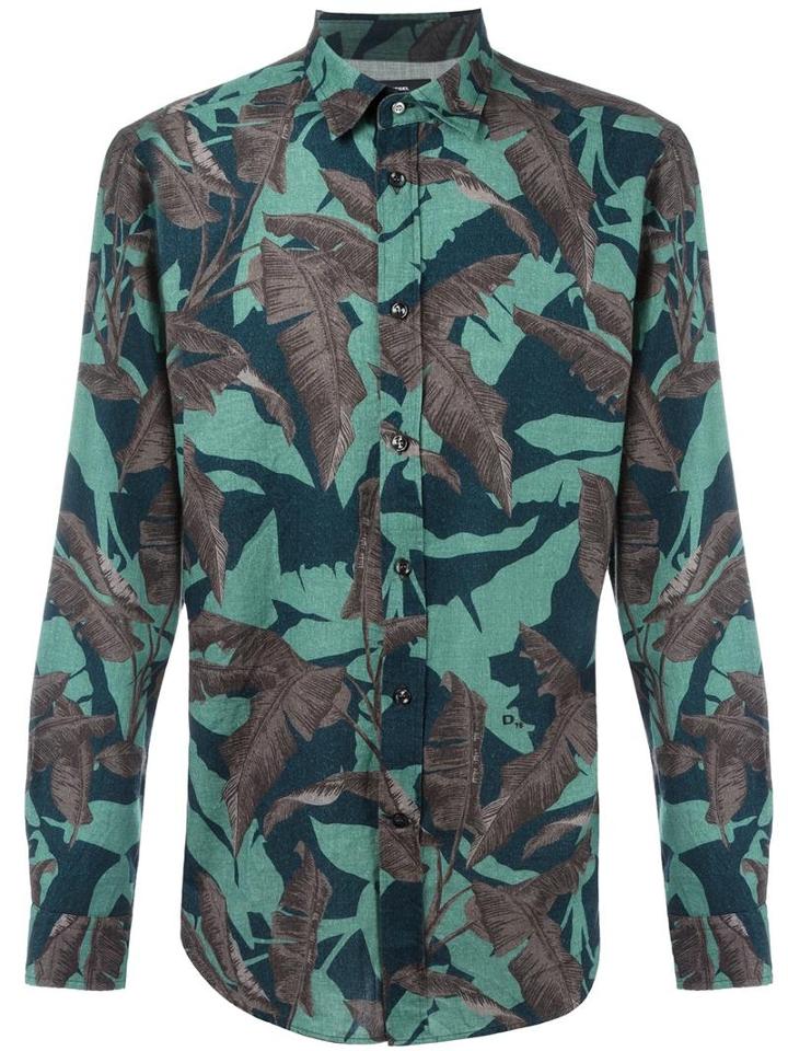 Diesel Leaves Print Shirt, Men's, Size: Xl, Green, Cotton