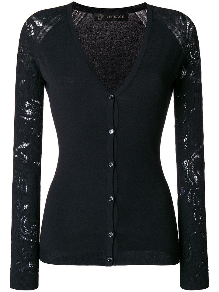 Versace - Lace Sleeve Cardigan - Women - Polyester/viscose - 40, Black, Polyester/viscose