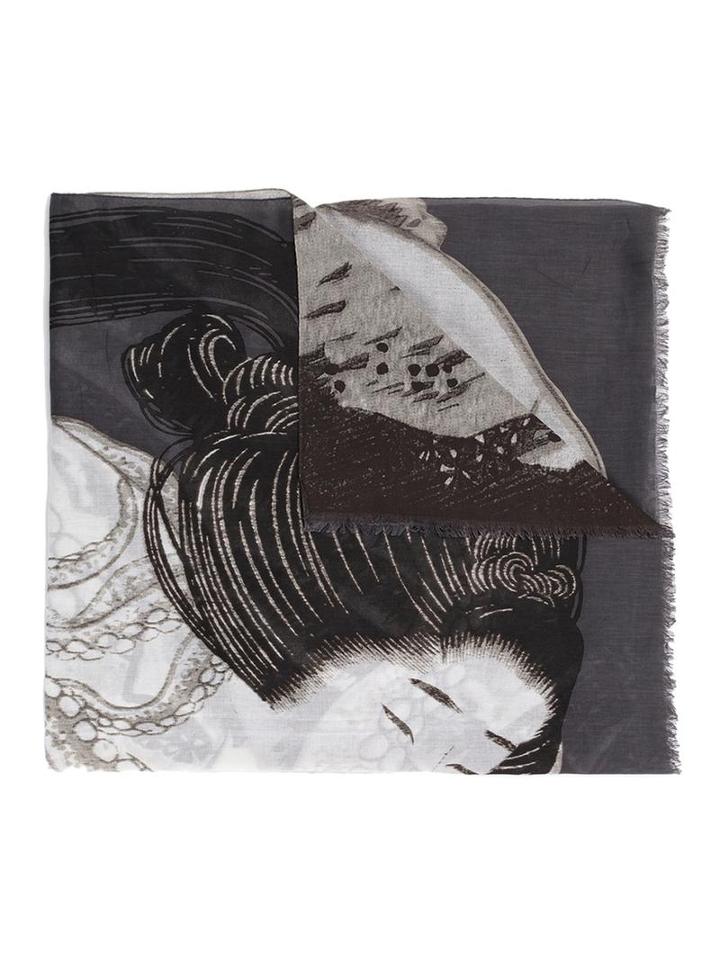 Homme Plissé Issey Miyake Japanese Motif Scarf, Men's, Grey, Cotton