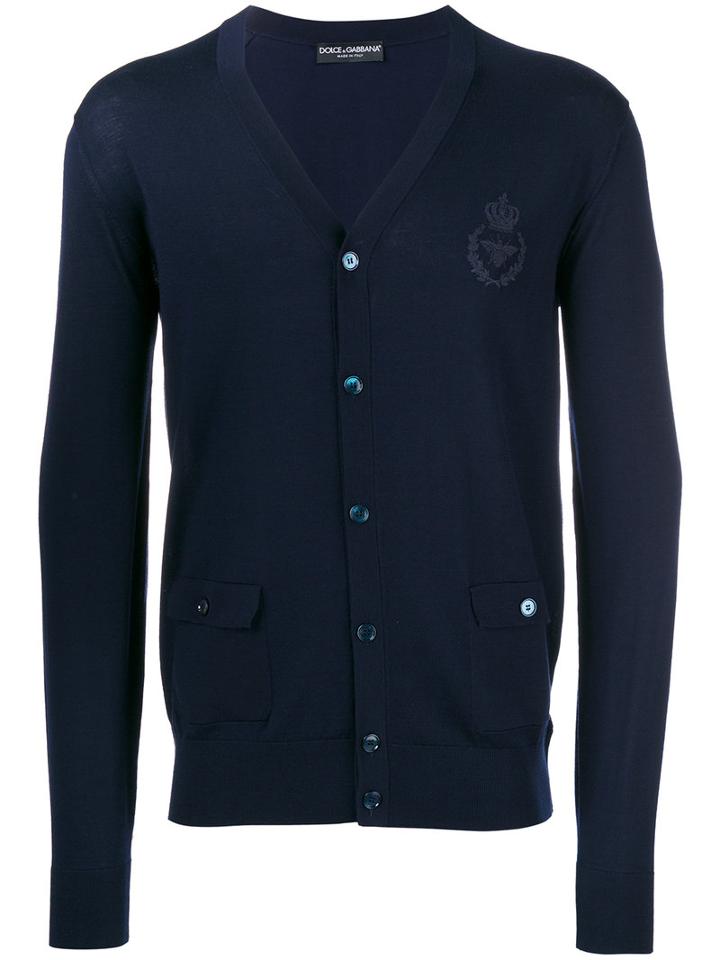 Dolce & Gabbana Embroidered Bee & Crown Cardigan, Men's, Size: 58, Blue, Wool