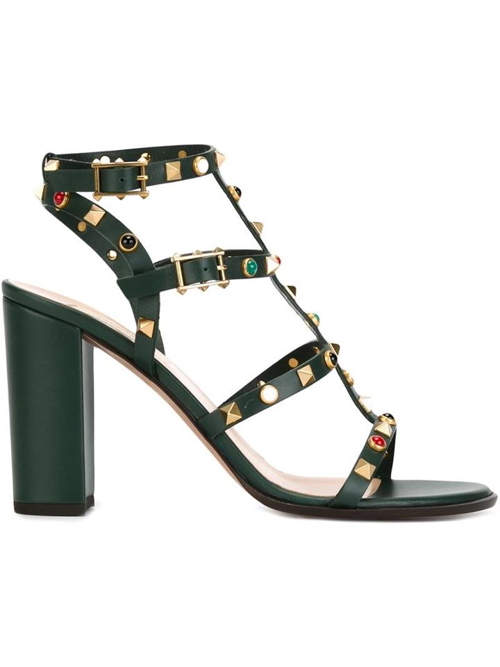 Valentino Garavani Rockstud Rolling Sandals, Women's, Size: 37.5, Green, Leather/metal Other