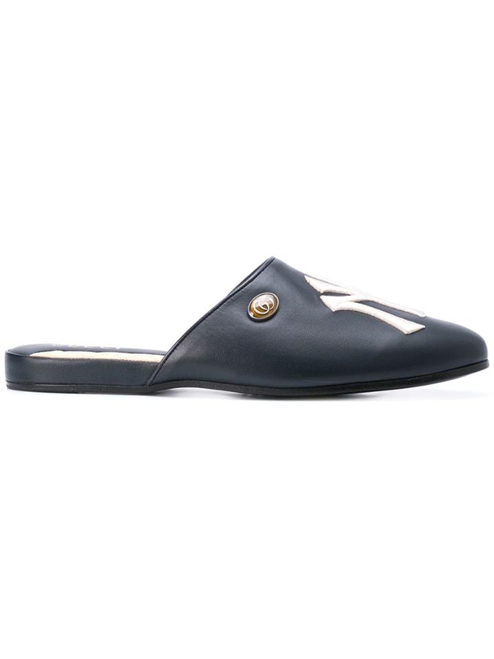 Gucci Ny Yankees Embroidered Leather Slippers - Blue