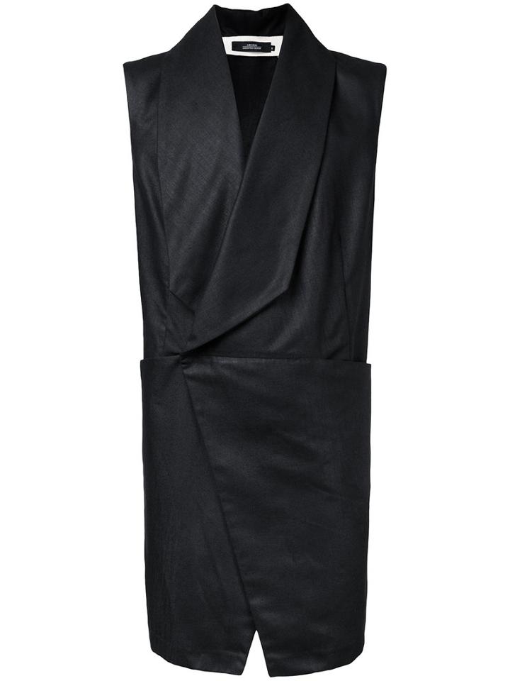 A New Cross Asymmetric Four Pocket Vest, Men's, Size: Large, Black, Linen/flax