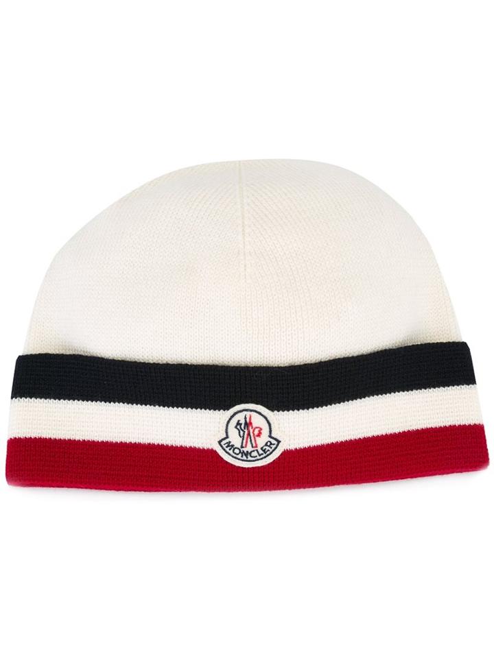 Moncler Striped Trim Knitted Hat, Men's, Nude/neutrals, Virgin Wool