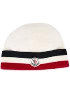 Moncler Striped Trim Knitted Hat, Men's, Nude/neutrals, Virgin Wool