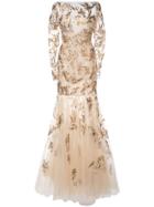 Oscar De La Renta Hand Painted Swirl Embroidered Gown - White