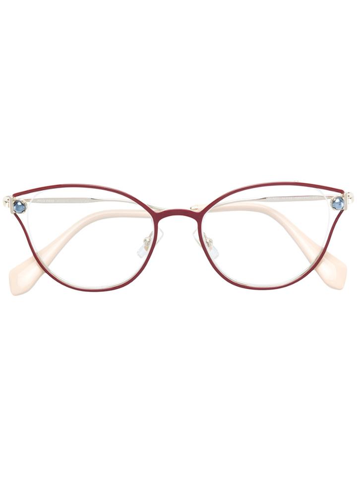 Miu Miu Eyewear Pearl-embellished Cat-eye Glasses - Red