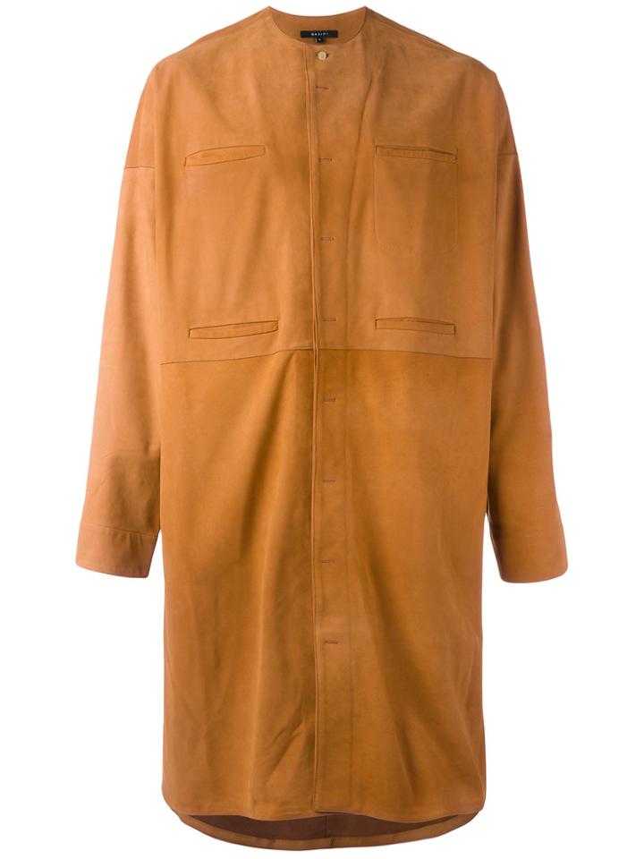 Qasimi Concealed Fastening Collarless Coat - Brown