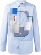 Junya Watanabe Comme Des Garçons Man Patchwork Button Down Shirt, Men's, Size: Medium, Blue, Cotton/polyester/polyurethane Resin/artificial Leather