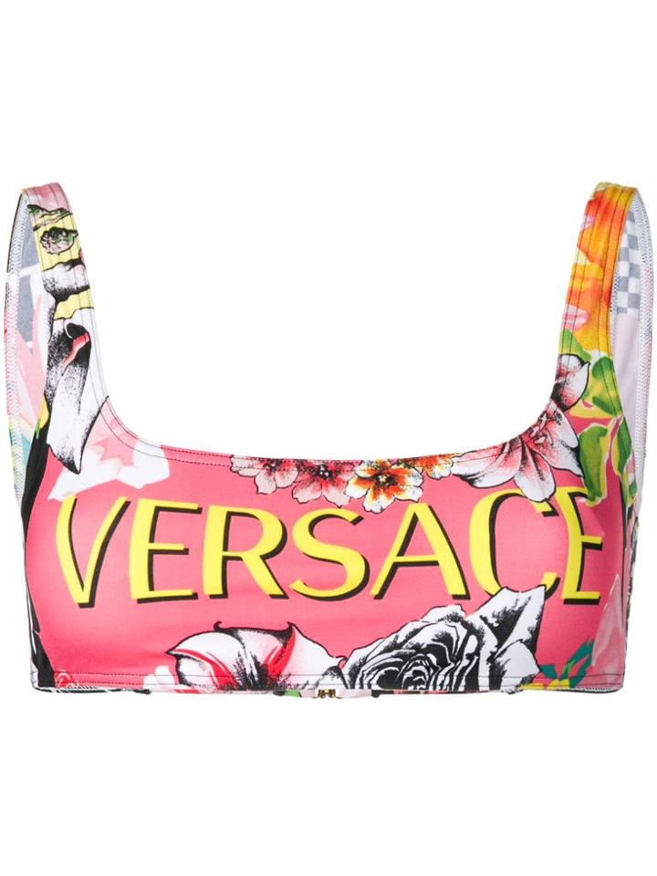 Versace Floral Logo Print Bikini Top - Pink