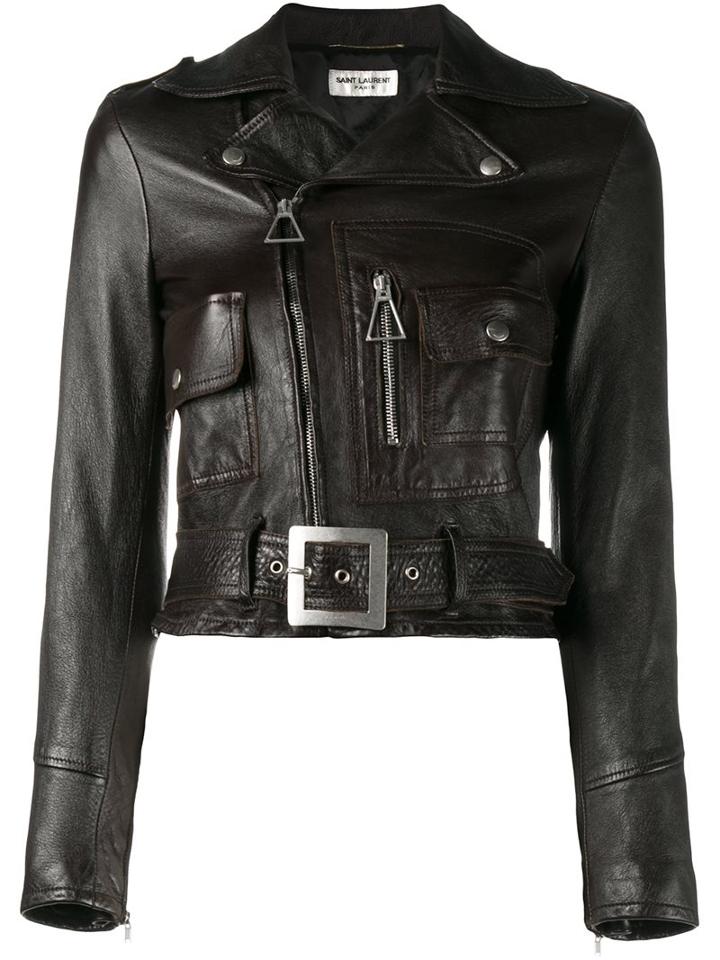 Saint Laurent Cropped Biker Jacket, Women's, Size: 40, Brown, Lamb Skin/cupro/cotton