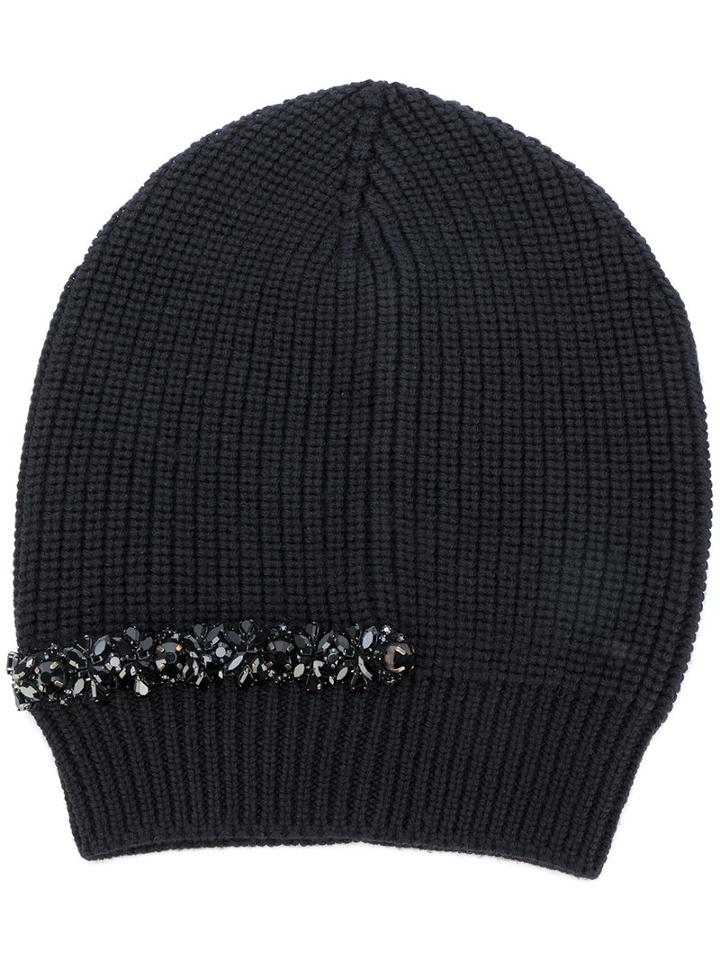 No21 - Embellished Ribbed Beanie - Women - Silk/virgin Wool/metal/glass - One Size, Black, Silk/virgin Wool/metal/glass