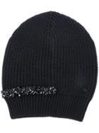 No21 - Embellished Ribbed Beanie - Women - Silk/virgin Wool/metal/glass - One Size, Black, Silk/virgin Wool/metal/glass