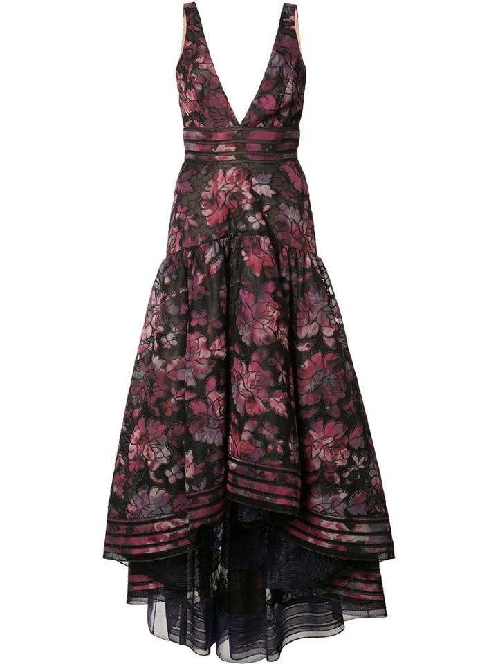 Marchesa Notte Floral Print Cascading Dress, Women's, Size: 6, Pink/purple, Polyester