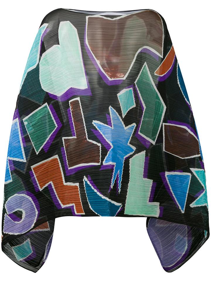 Pleats Please By Issey Miyake - Geometric Print Pleated Poncho - Women - Polyester - One Size, Blue, Polyester