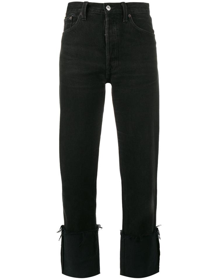Re/done High Rise Straight Leg Jeans With Turned Up Cuffs, Women's, Size: 25, Black, Cotton