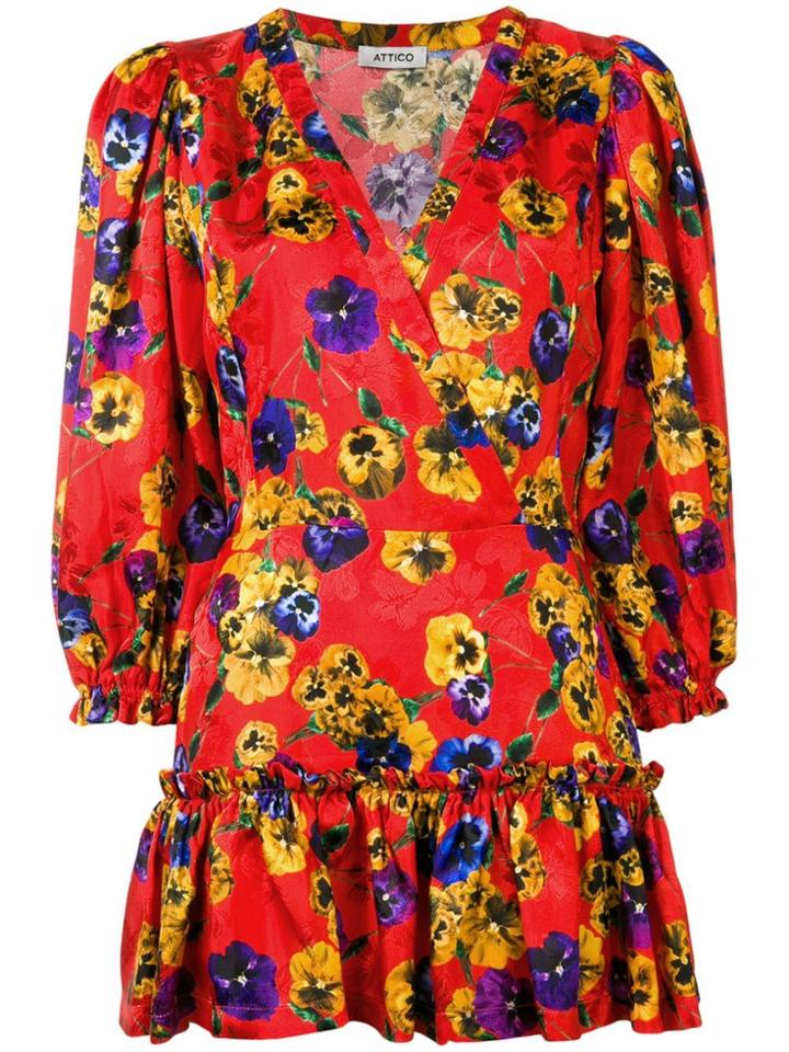 Attico Ruffled Floral Print Dress - Red