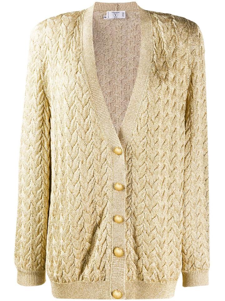 Valentino Vintage 1980's Cable Knit Metallic Cardigan - Gold