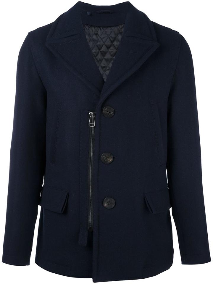 Lanvin Zip Accent Peacoat, Men's, Size: 54, Blue, Polyamide/polyester/viscose/virgin Wool