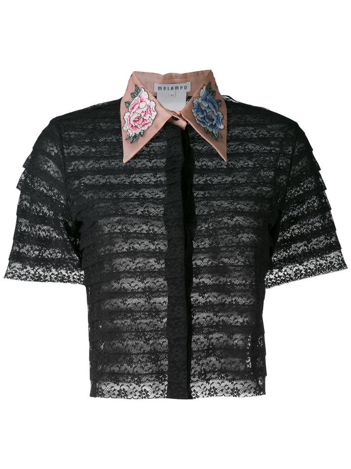 Melampo - Peony Embroidered Cropped Shirt - Women - Silk/cotton/nylon/spandex/elastane - 42, Black, Silk/cotton/nylon/spandex/elastane