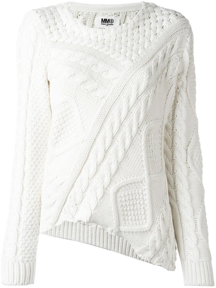 Mm6 Maison Margiela Asymmetric Cable Knit Jumper, Women's, Size: Xs, White, Cotton