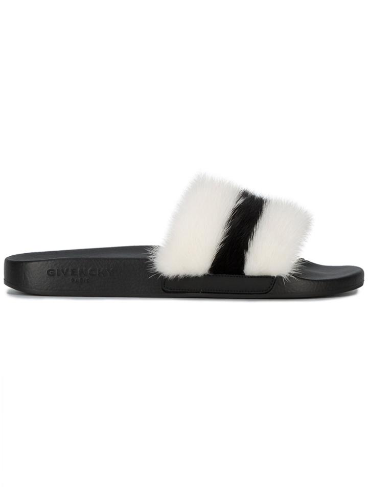 Givenchy Striped Fur Pool Slides - White