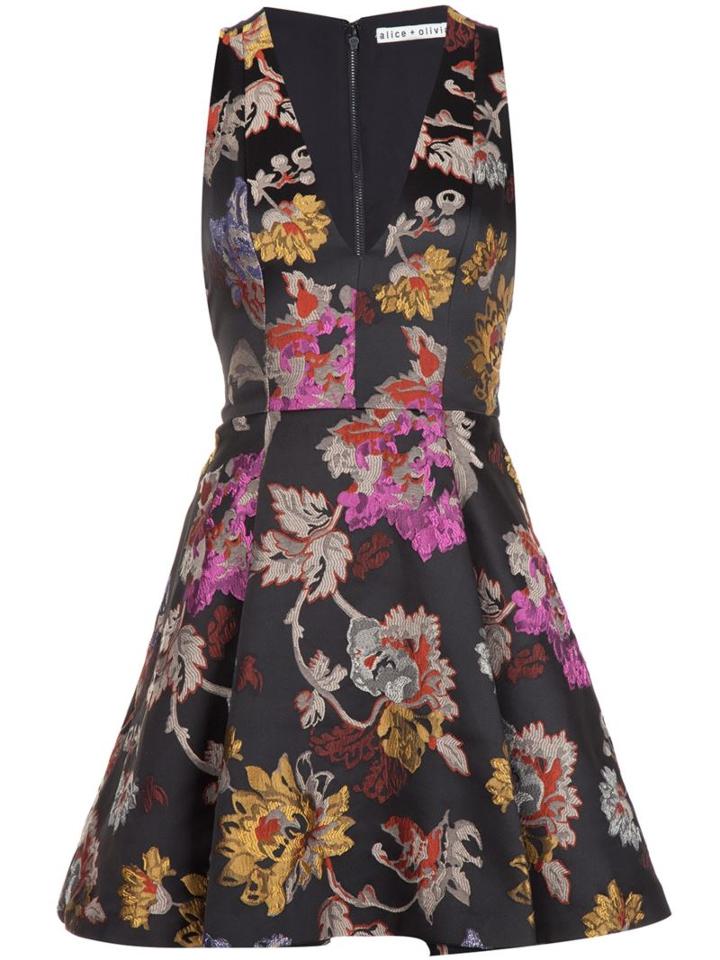Alice+olivia Floral Brocade Flared Cocktail Dress, Women's, Size: 8, Black, Polyester/spandex/elastane/nylon
