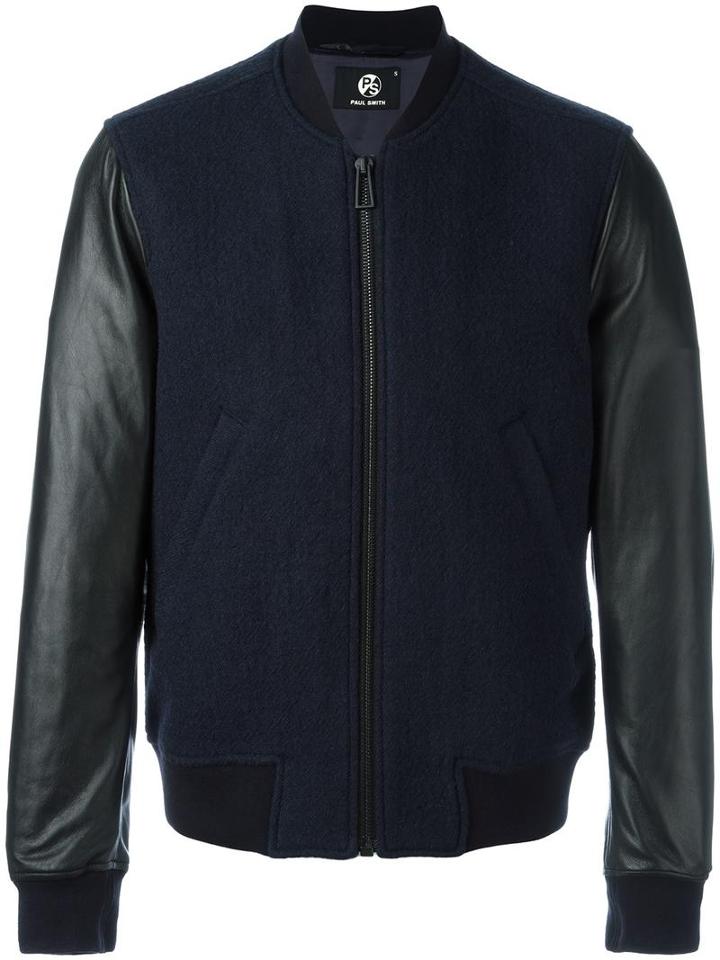 Ps By Paul Smith Contrast Sleeve Bomber Jacket, Men's, Size: Large, Blue, Cotton/leather/viscose/wool
