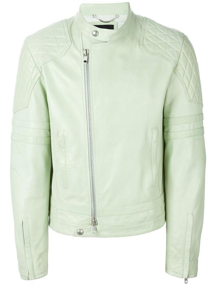 Diesel Black Gold Quilted Shoulder Leather Jacket, Men's, Size: 50, Green, Lamb Skin/cotton/viscose