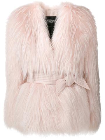 Balmain Belted Fur Jacket, Women's, Size: 38, Pink/purple, Silk/goat Fur/lamb Fur