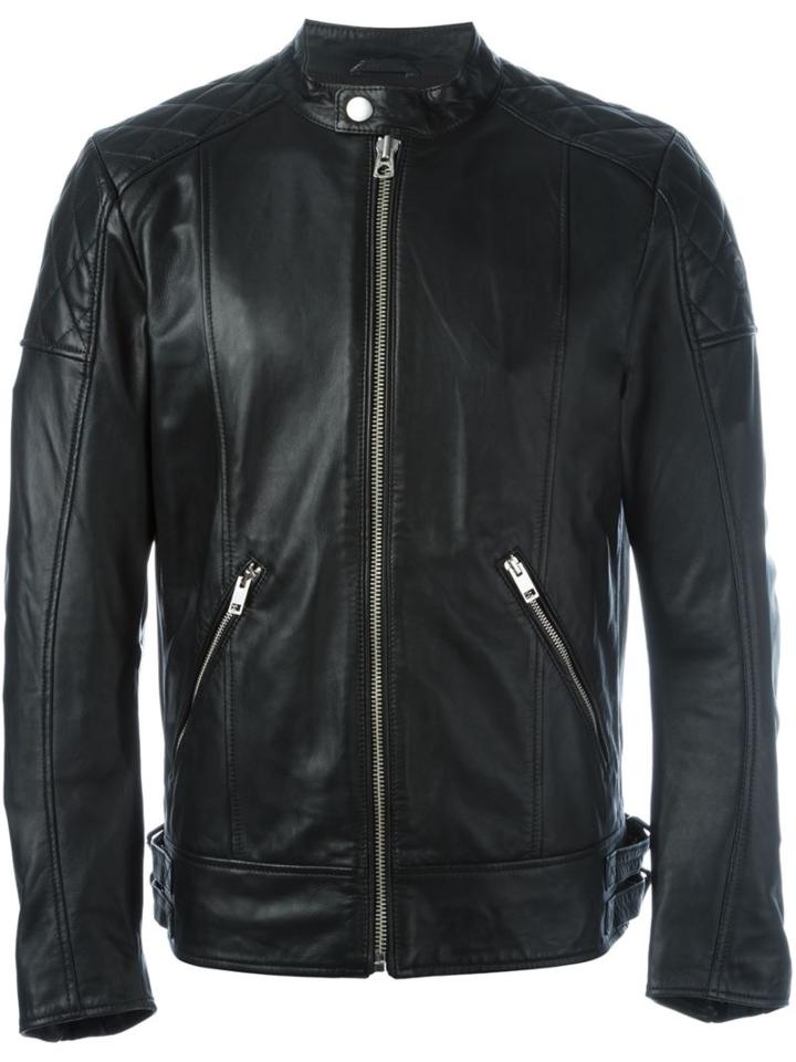 Diesel Panelled Zip Up Jacket, Men's, Size: Large, Black, Sheep Skin/shearling/cotton/polyester