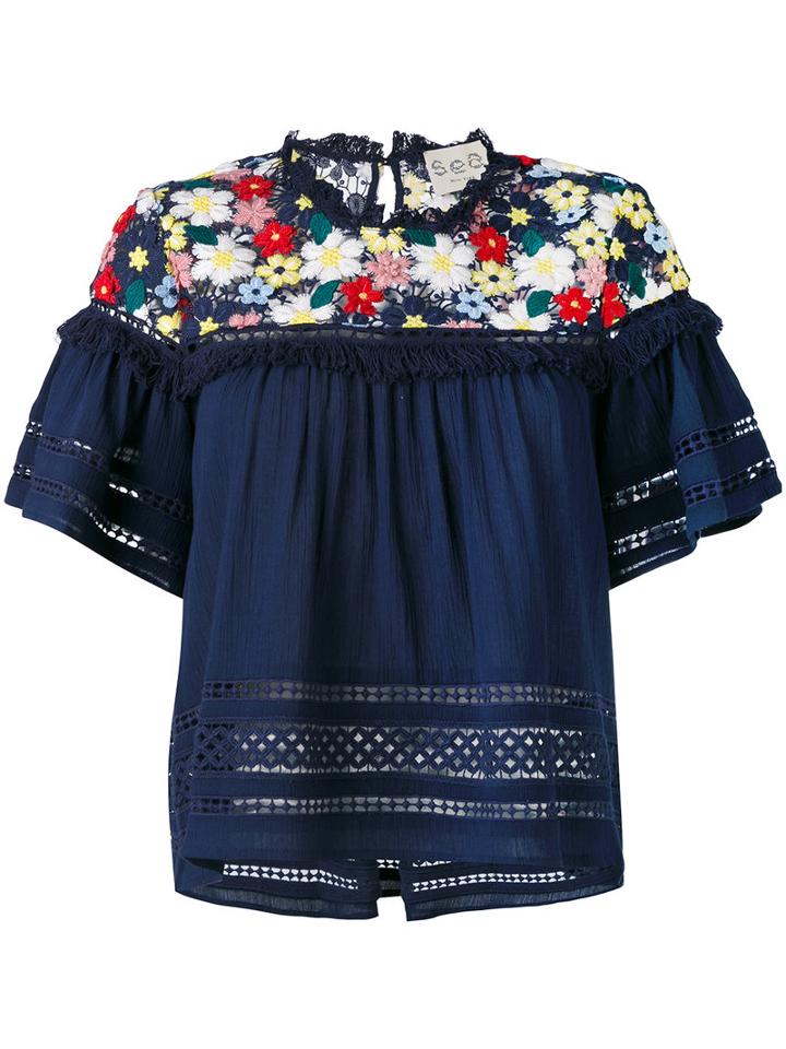 Sea - Flared Floral Top - Women - Cotton/polyester - 4, Blue, Cotton/polyester