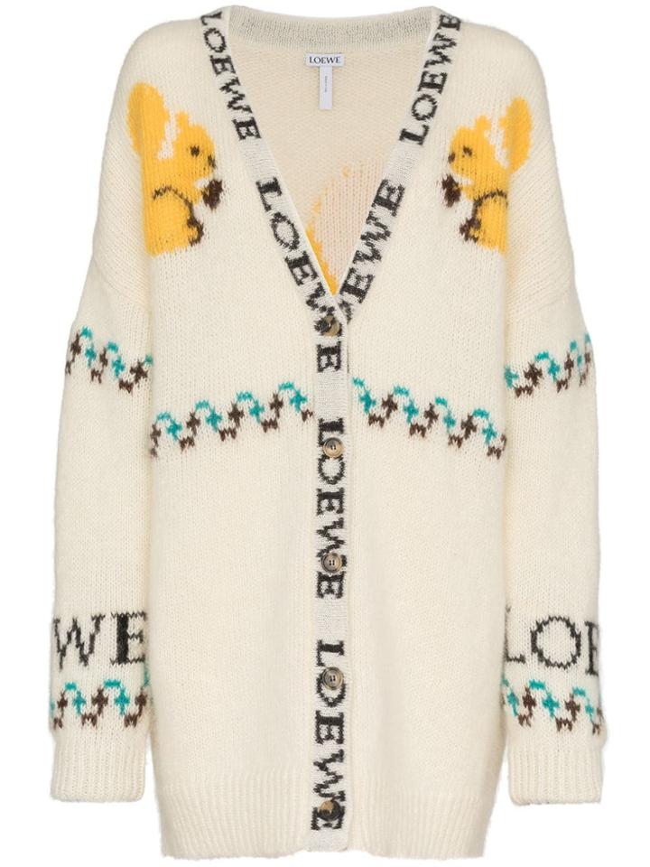 Loewe Logo And Squirrel Intarsia Mohair Blend Cardigan - White