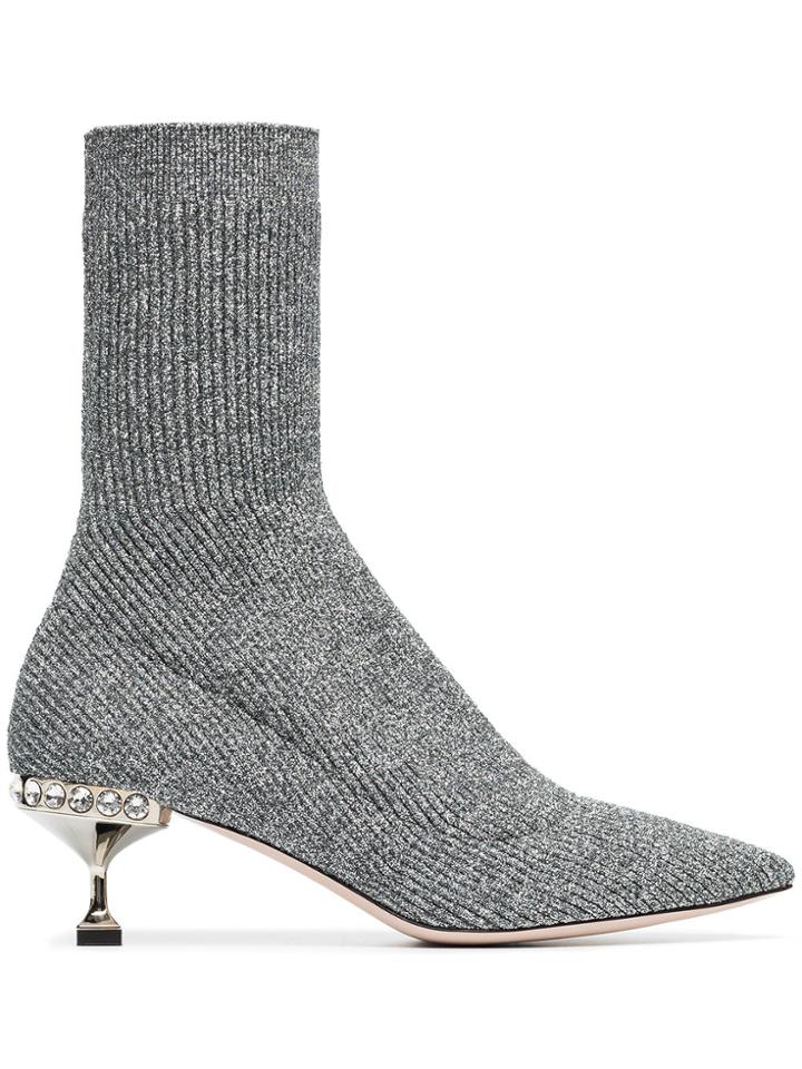 Miu Miu Marl Grey 55 Sock Heeled Boots - Metallic