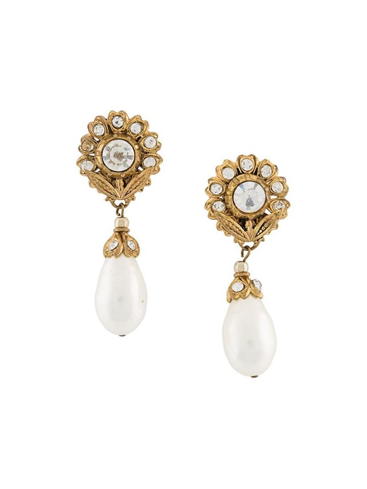 Chanel Vintage Flower Head Drop Clip-on Earrings, Women's, White