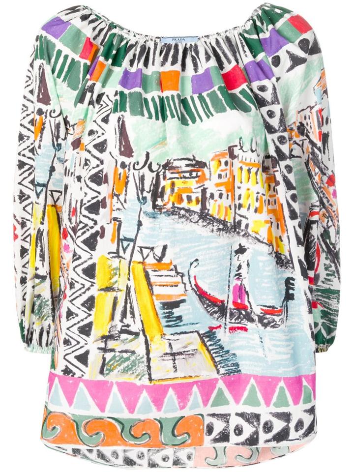 Prada Off-the-shoulder Venice Print Blouse - Green