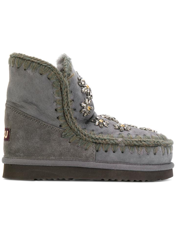 Mou Boots With Crystal Flower Embellishment - Grey