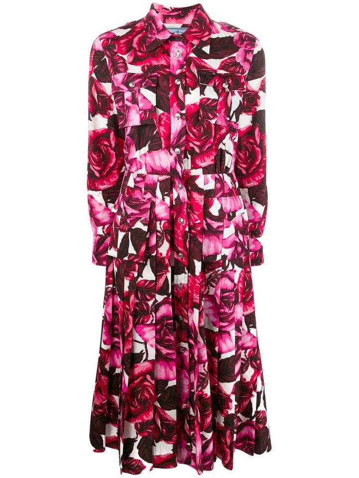 Prada Rose Print Pleated Dress - Pink