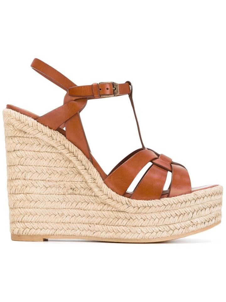 Saint Laurent Tribute Espadrille Wedge Sandals - Brown