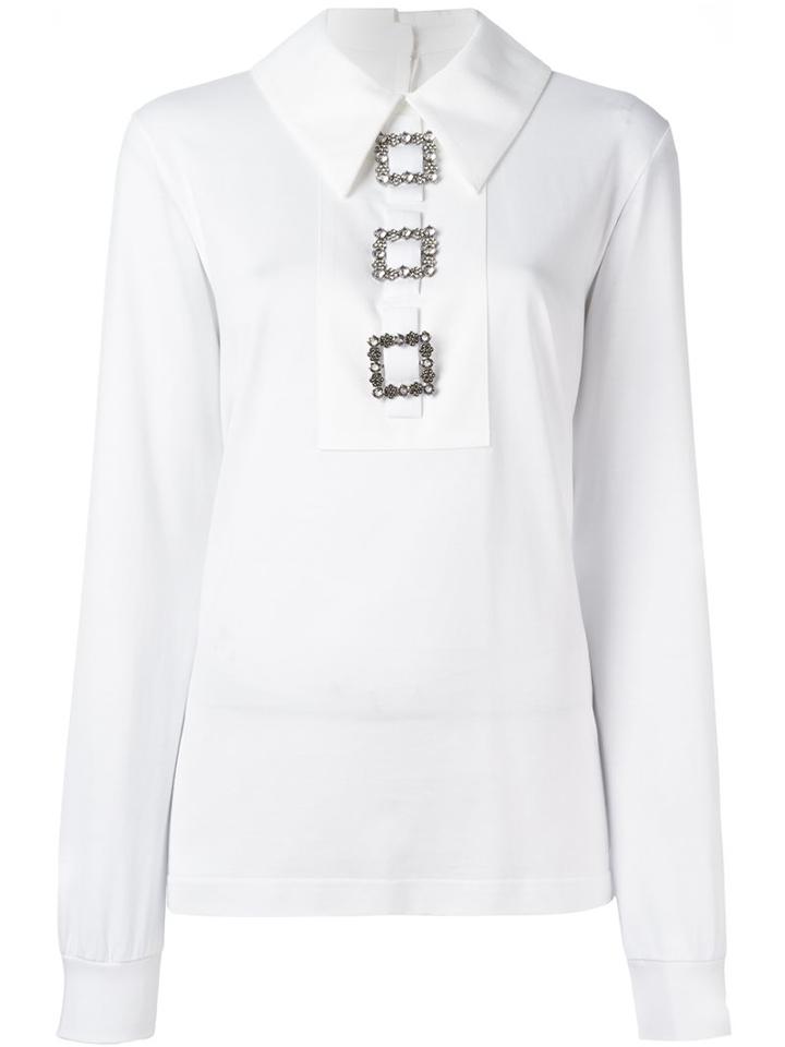 Dolce & Gabbana Crystal Embellished Buckle Top, Women's, Size: 44, White, Cotton/crystal/metallic Fibre