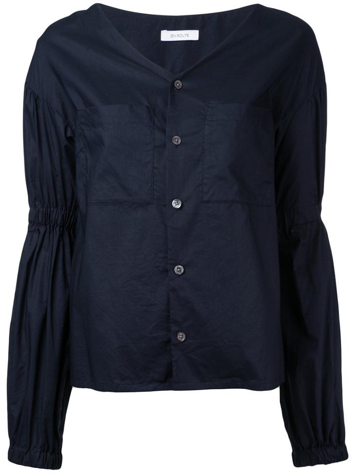 En Route - Gathered Sleeve V-neck Blouse - Women - Cotton - 2, Blue, Cotton