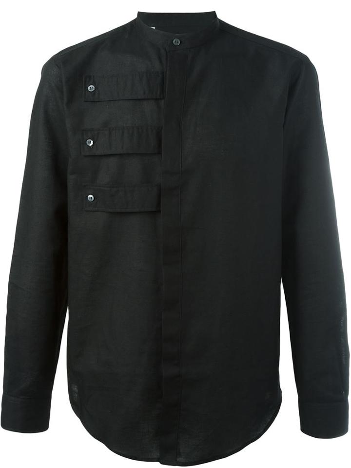 Msgm Band Collar Shirt, Men's, Size: 41, Black, Cotton/linen/flax