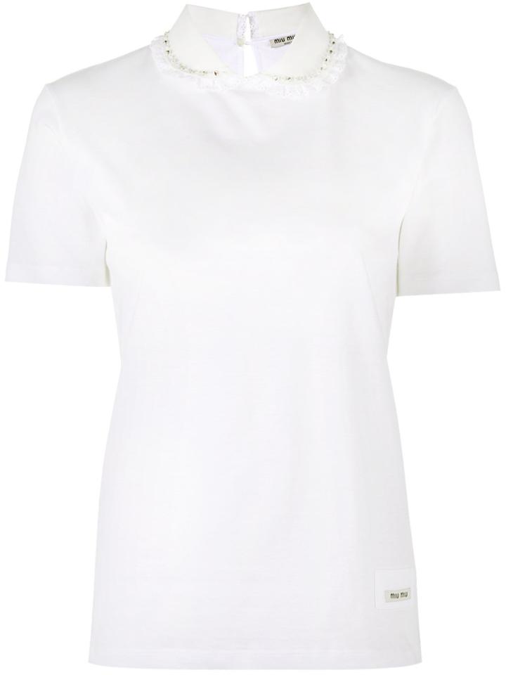 Miu Miu Beaded Lace Collar T Shirt - White