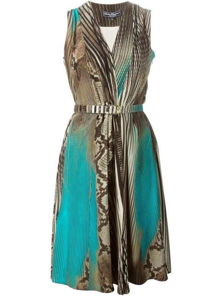 Salvatore Ferragamo Striped And Snakeskin Print Dress, Women's, Size: 40, Brown, Silk/acetate