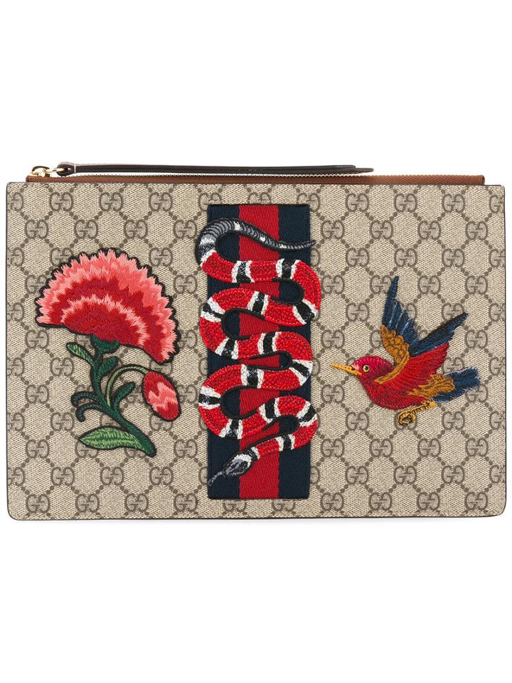 Gucci - Gg Supreme Kingsnake Embellished Clutch - Women - Leather/cotton/polyurethane - One Size, Brown, Leather/cotton/polyurethane