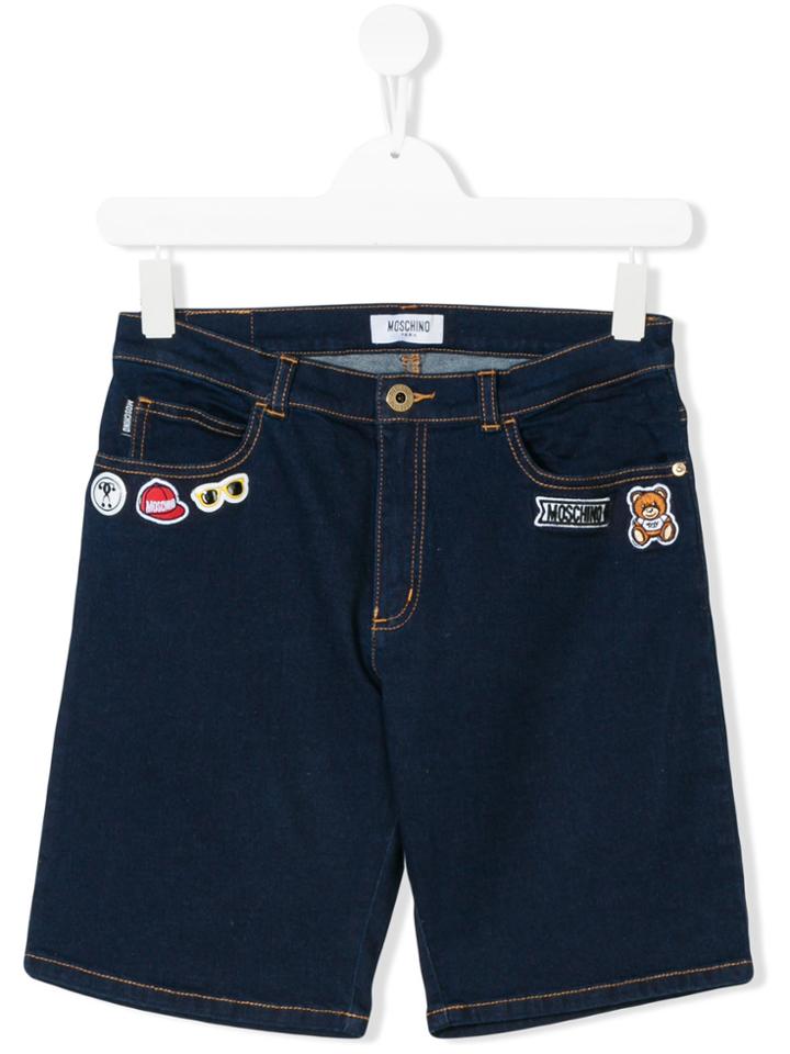 Moschino Kids Patched Denim Bermuda Shorts - Blue