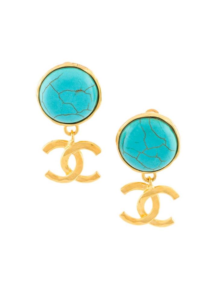 Chanel Vintage Turquoise Logo Clip-on Earrings, Women's, Green