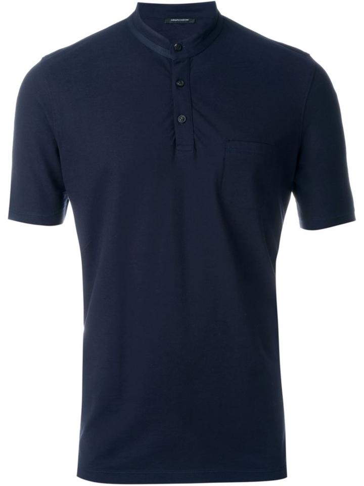 Roberto Collina Band Collar Polo Shirt, Men's, Size: 52, Blue, Cotton